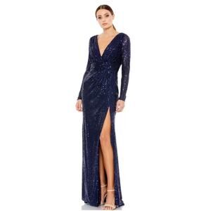 mac duggal sequin tiered long sleeve tulle dress Mac Duggal Beaded Tulle Long-Sleeve A-Line Gown